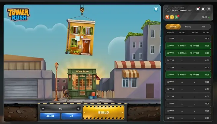 Tower Rush Game — Crash-Spiel mit Turmaufbau und Multiplikatoren für Österreich
